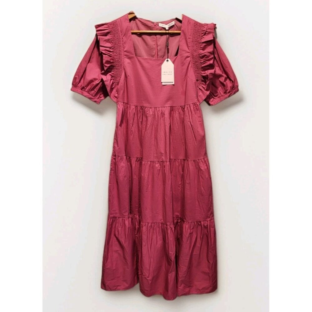 New English Factory Berry Pink Tiered Square Neck Puff Sleeve Midi Dress XS